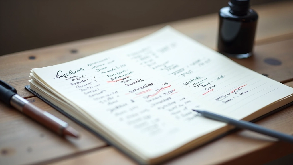 Notitieboek met rommelige aantekeningen, doorhalingen en ongestructureerde tekst, pen en inkt op tafel