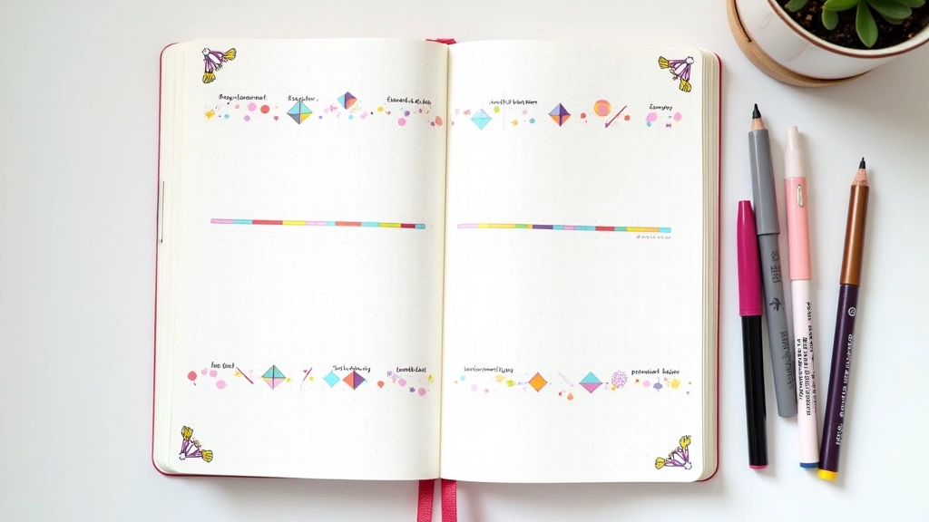 Kleurrijke bullet journal met geometrische layouts en gekleurde pennen op een bureau