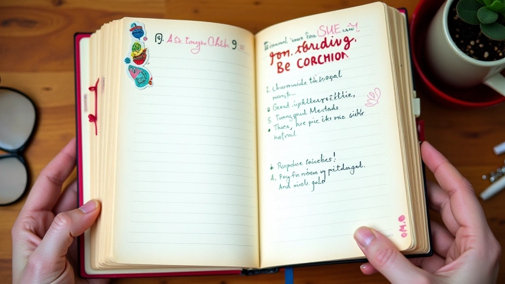 Geopend notitieboek met kleurrijke aantekeningen en stickers