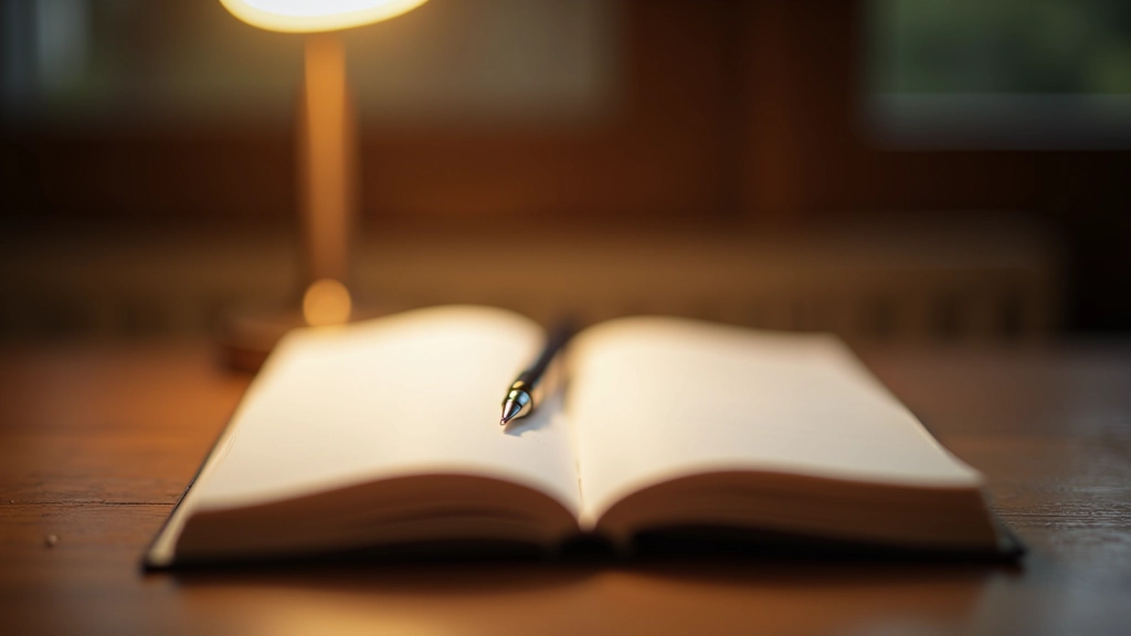 Open notitieboek met vulpen op houten bureau, warm licht van bureaulamp, minimalistisch werkstation