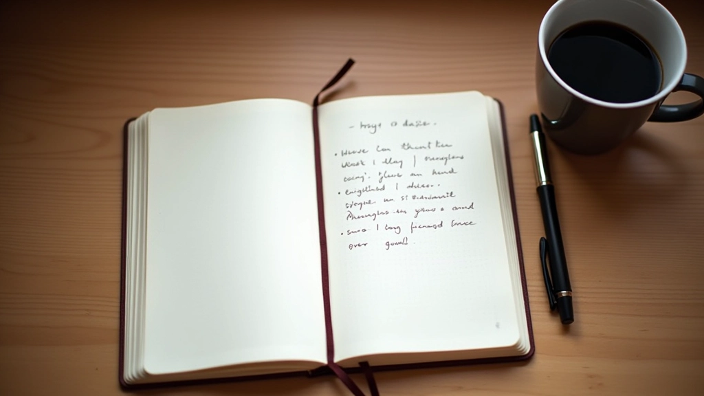 Open notitieboek met handgeschreven aantekeningen naast koffie en pen op houten bureau