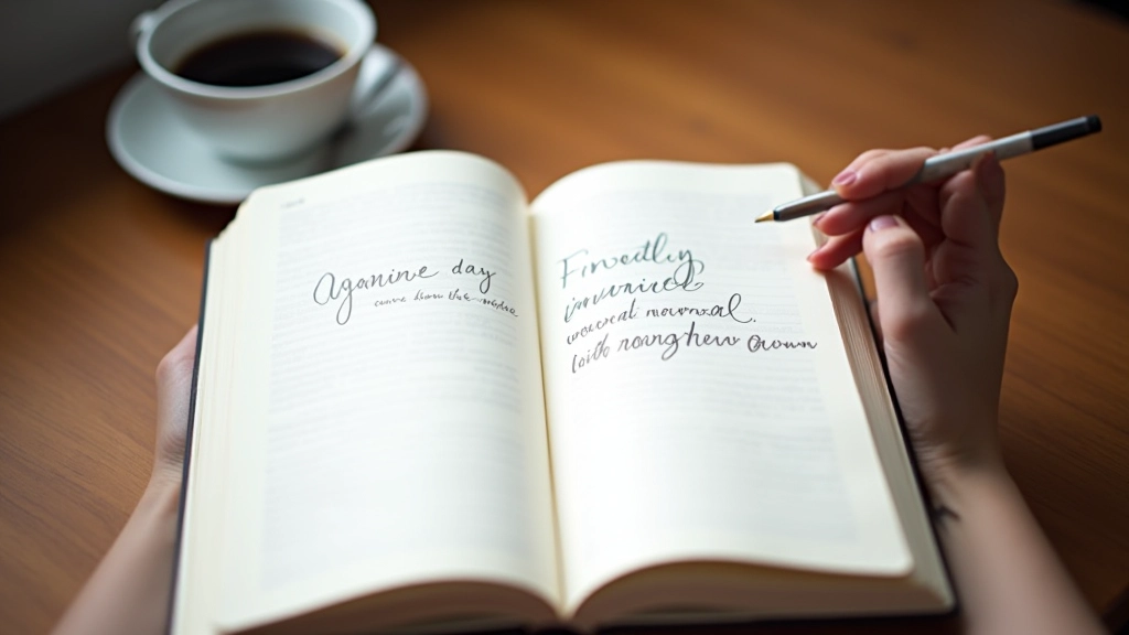 Handgeschreven notities in een notitieboek met een kopje koffie en potlood op een houten tafel