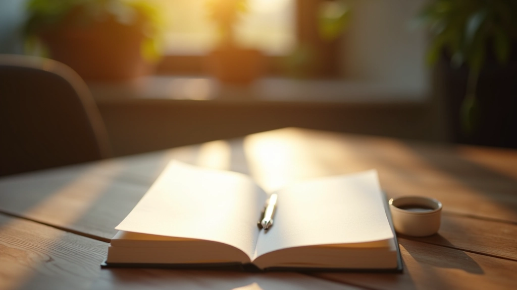 Open dagboek met pen en koffie op houten bureau in rustige ochtendsfeer