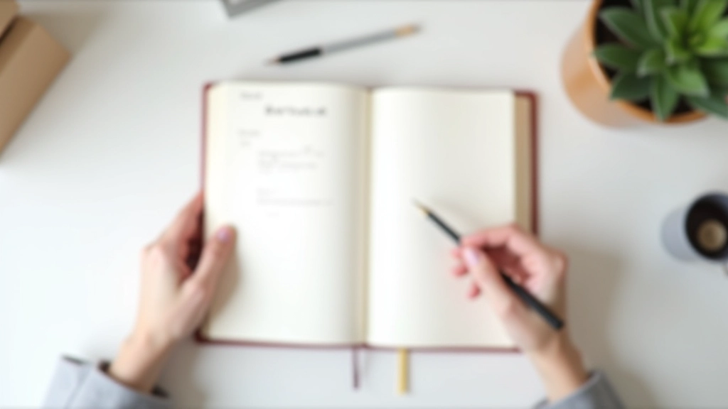 Persoon van bovenaf fotografeerd, journal opengeslagen met geschreven doelen, reflectief moment, rustige werkplek