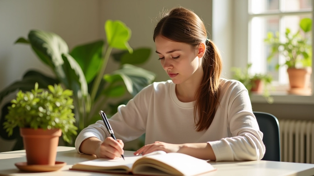 Iemand schrijft 's ochtends vroeg bij zonlicht, kalme en vredige omgeving met planten