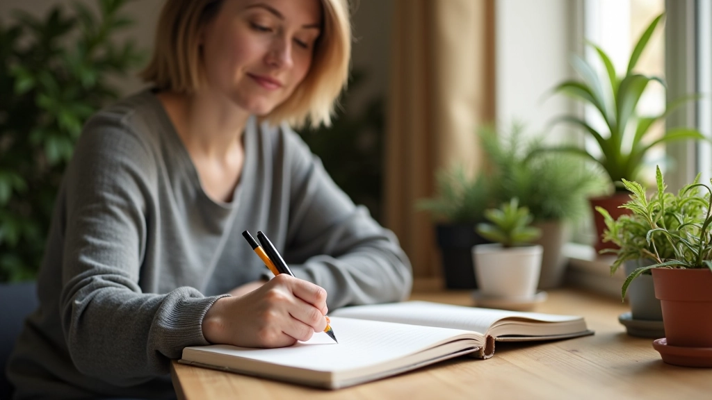 Persoon die schrijft in een dagboek in een rustige omgeving met planten en natuurlijk licht