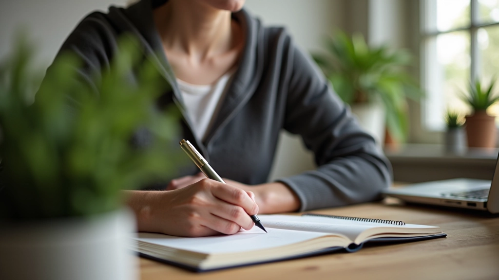 Persoon schrijvend in dagboek in rustige werkomgeving met groene planten
