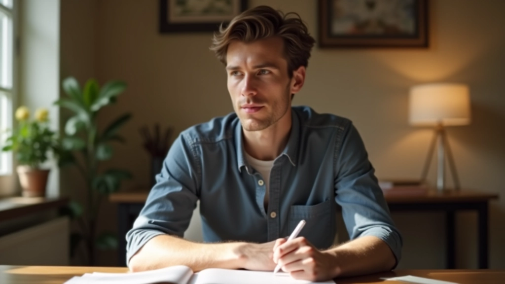 Persoon met pen in hand, peinzend kijkend naar notitieboek, zachte verlichting, kantoor of studeerruimte