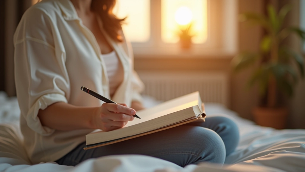 Persoon zittend op bed met notitieboek en pen, warm ochtendlicht door raam, rustful moment, gericht op writing