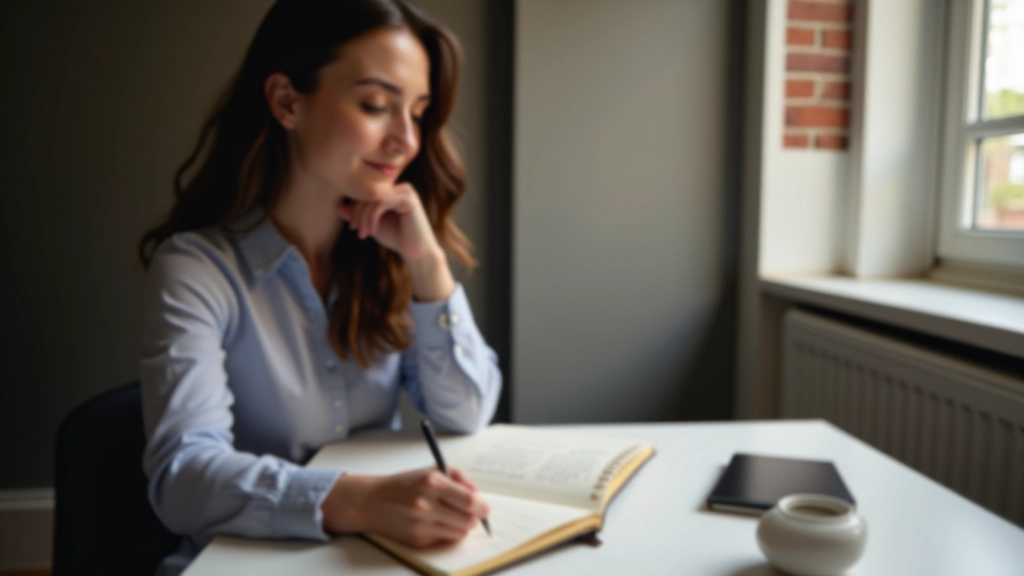 Persoon zittend aan bureau met notitieboek, pen in hand, aangezicht niet zichtbaar, ochtendlicht door raam
