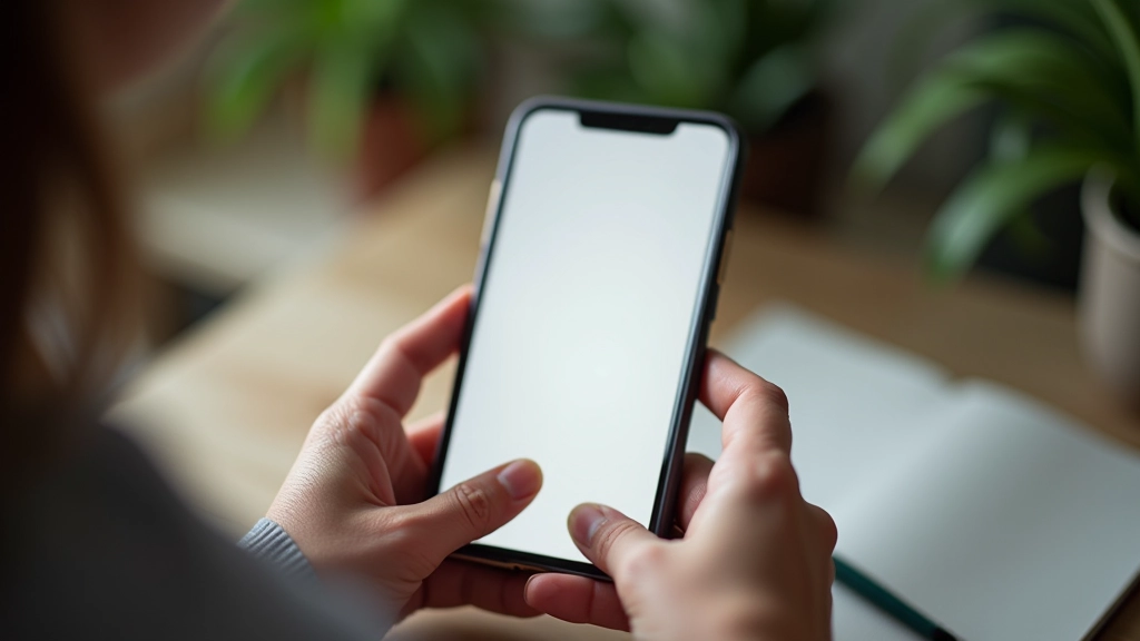 Smartphone scherm met journaling app open, handen van persoon die typt, moderne interieur met plantjes, gezien van bovenaf