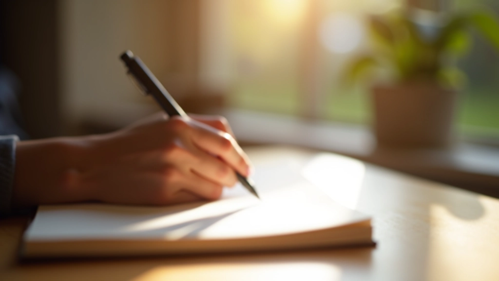 Hand holding pen over notebook, morning sunlight casting shadows, creative workspace