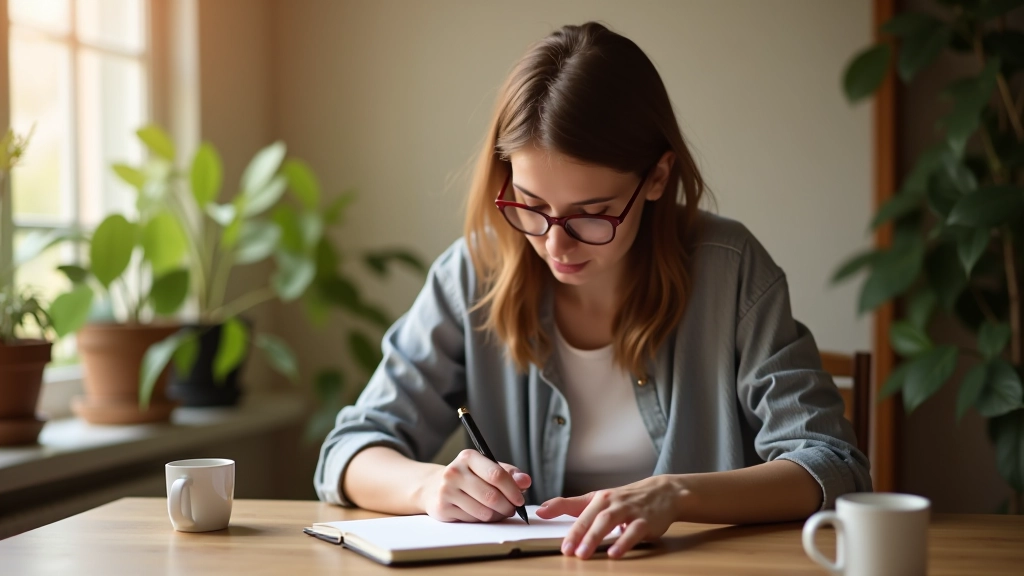Person writing in notebook at quiet morning desk with coffee cup, peaceful home office setting